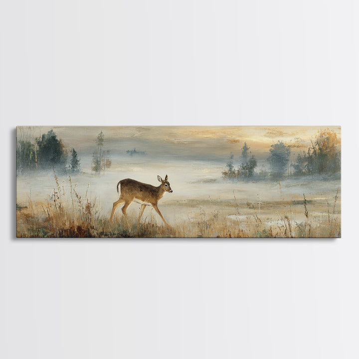 Deer Crossing a Misty Morning Field Canvas Print, Country Art, Digital Wall Art, Farmhouse Decor, Country, Floral Wall Art, COU-3x1-75