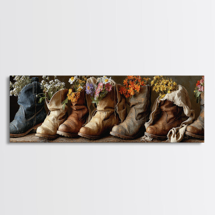 Weathered Boots with Wildflowers Tucked Inside Canvas Print, Country Art, Landscape Painting, Farmhouse Decor, Watercolor Art, COU-3x1-8