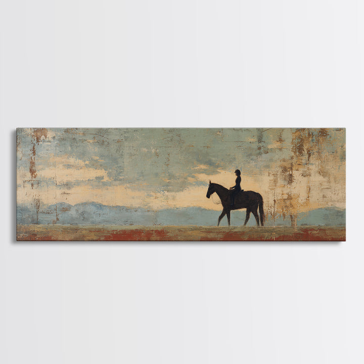 Horse and Rider Silhouette at Dusk Framed Canvas Print, Country Art, Digital Art Prints, Farmhouse Decor, Fine Art, Country, COU-3x1-81