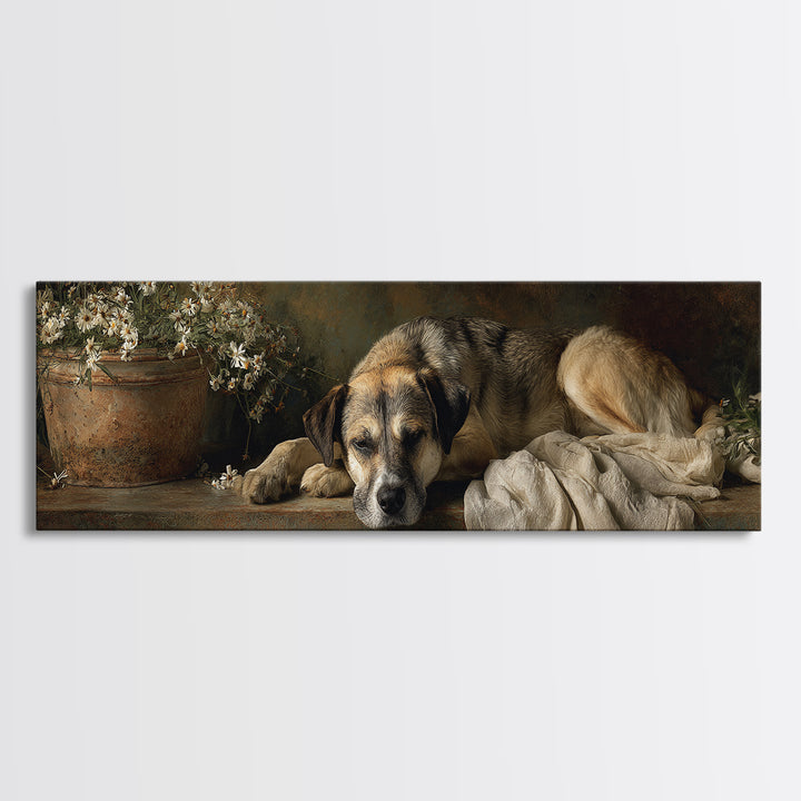Dog Resting Beside a Porch Flower Pot Canvas Print, Country Art, Digital Wall Art, Farmhouse Decor, Fine Art, Country, COU-3x1-86