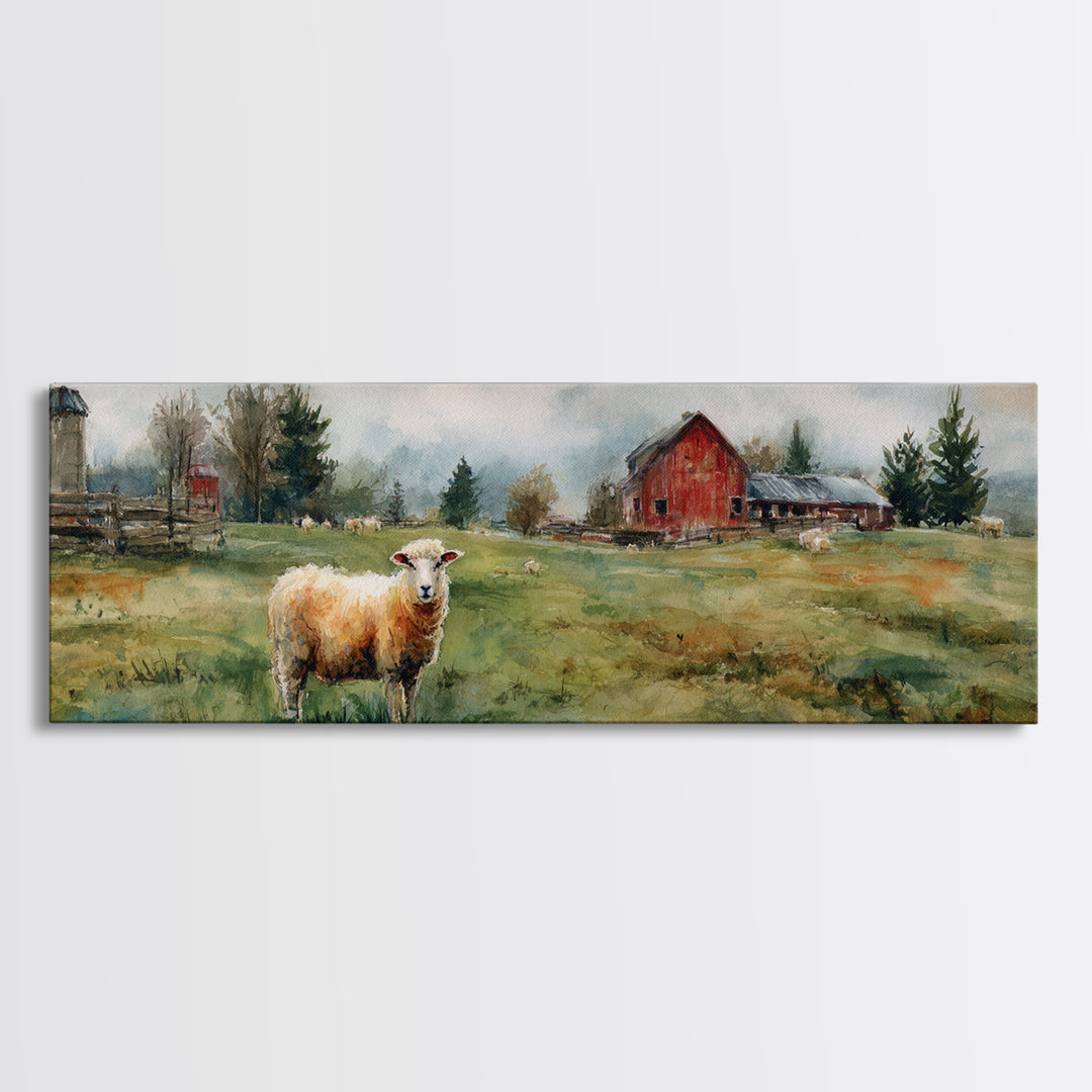 Watercolor Sheep in a Green Pasture Framed Canvas Print, Country Art, Printable Wall Art, Farmhouse Decor, Fine Art, Country, COU-3x1-87