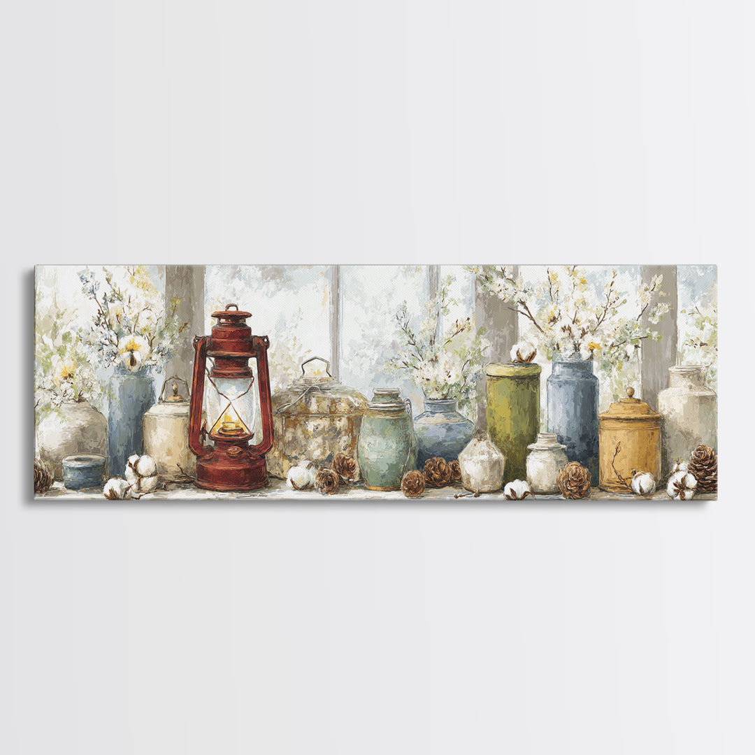 Old Lantern and Pinecones Still Life Canvas Print, Country Art, Minimalist Decor, Farmhouse Decor, Oil Painting, Country, COU-3x1-88