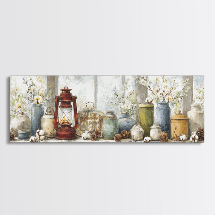 Old Lantern and Pinecones Still Life Canvas Print, Country Art, Minimalist Decor, Farmhouse Decor, Oil Painting, Country, COU-3x1-88