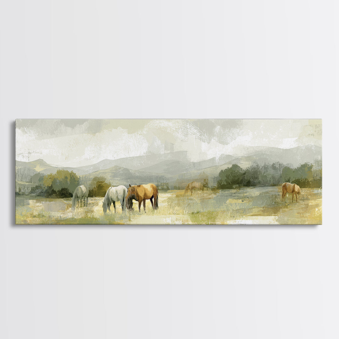 Rolling Pasture with Grazing Horses at Sunrise Canvas Print, Country Art, Landscape Wall Art, Farmhouse Decor, Country, COU-3x1-89