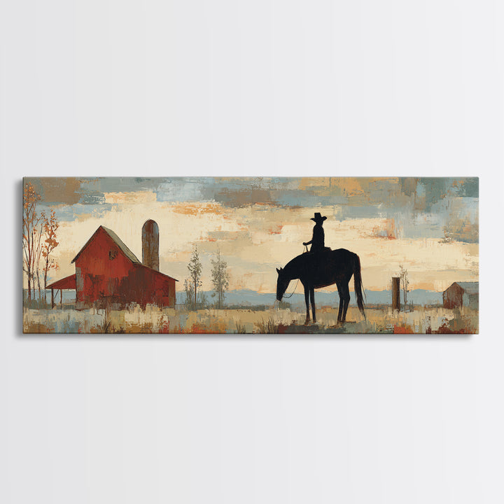 Horse and Rider Silhouette at Dusk Framed Canvas Print, Country Art, Digital Wall Art, Farmhouse Decor, Fine Art, Country, COU-3x1-9