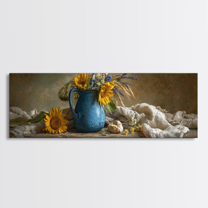 Sunflowers in a Blue Enamel Pitcher Canvas Print, Country Art, Wall Decor, Farmhouse Decor, Fine Art, Country, Wall Art, COU-3x1-96