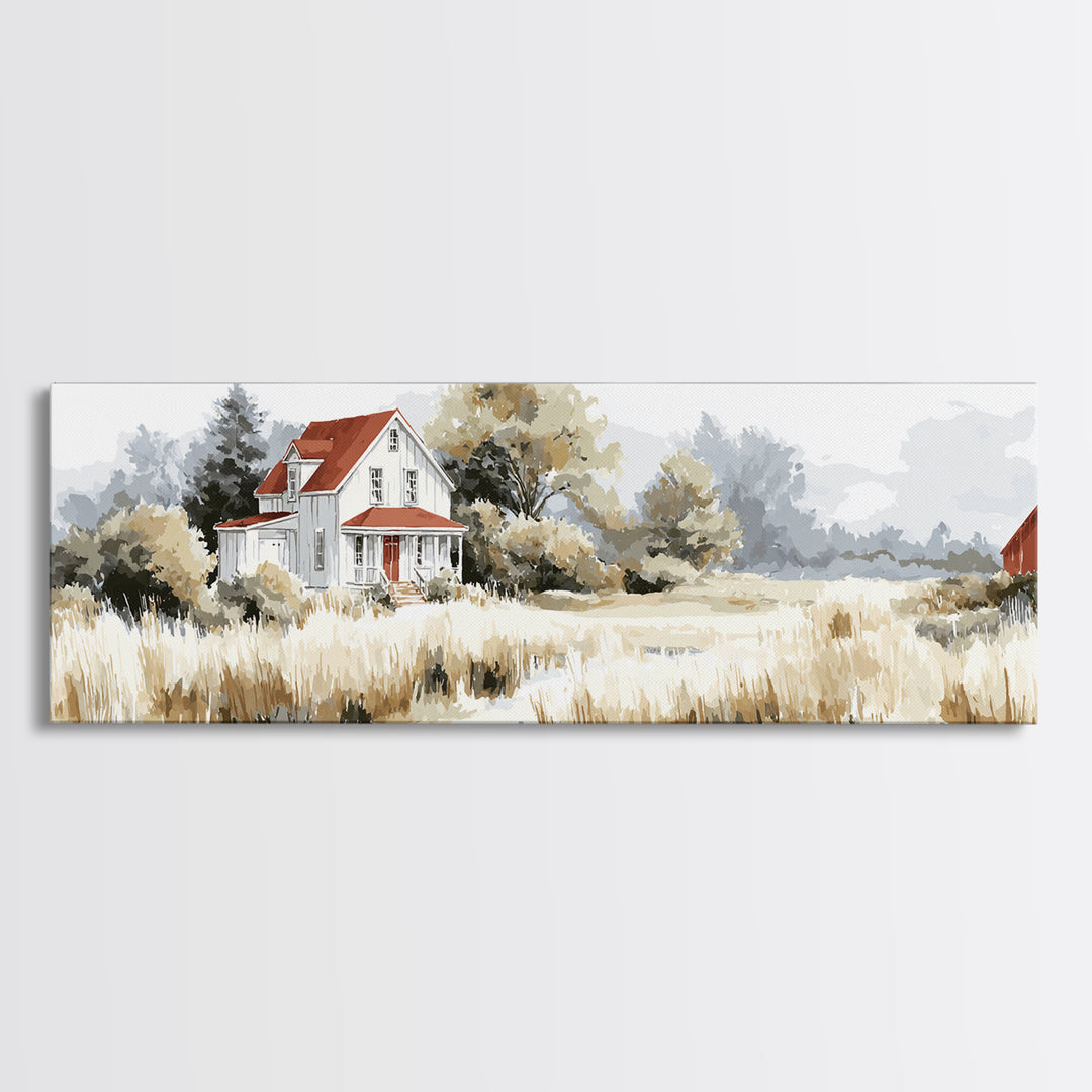 White Farmhouse Surrounded by Tall Grass Canvas Print, Country Art, Floral Wall Art, Farmhouse Decor, Fine Art, Country, COU-3x1-98