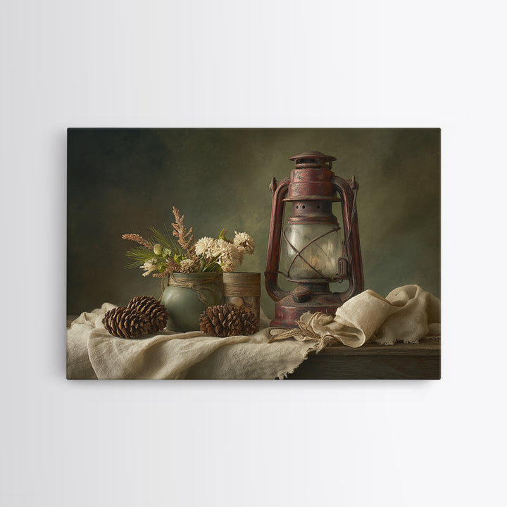 Old Lantern and Pinecones Still Life Framed Canvas Print, Country Art, Modern Decor, Farmhouse Decor, Oil Painting, Country, COU-3x2-100