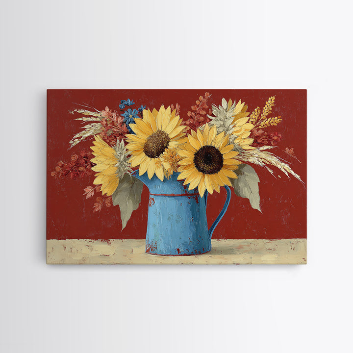 Sunflowers in a Blue Enamel Pitcher Canvas Print, Country Art, Digital Print, Farmhouse Decor, Oil Painting, Country, COU-3x2-12