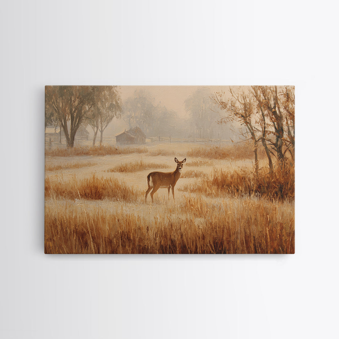 Deer Crossing a Misty Morning Field Framed Canvas Print, Country Art, Oil Painting, Farmhouse Decor, Fine Art, Country, COU-3x2-15