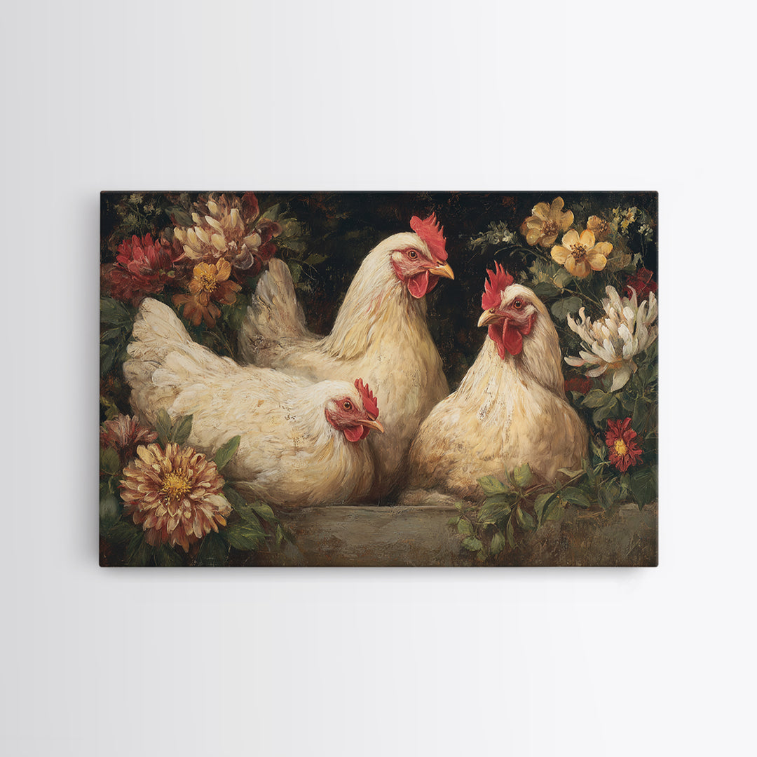 Chickens Pecking Near Garden Flowers Framed Canvas Print, Country Art, Farmhouse Decor, Watercolor Art, Country, COU-3x2-18