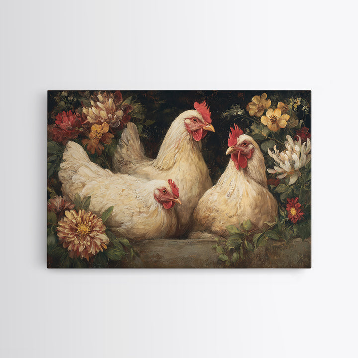 Chickens Pecking Near Garden Flowers Framed Canvas Print, Country Art, Farmhouse Decor, Watercolor Art, Country, COU-3x2-18