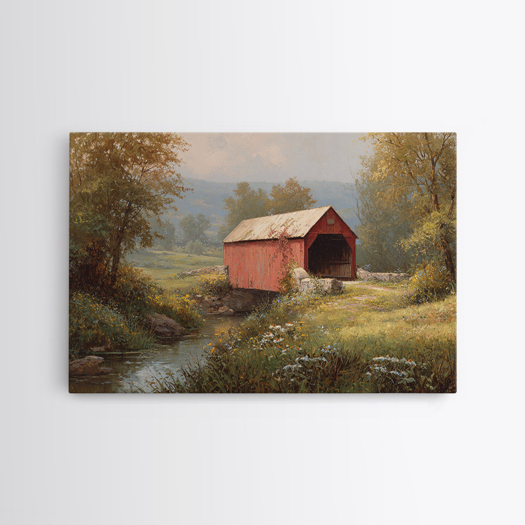 Covered Bridge over a Quiet Creek Framed Canvas Print, Country Art, Landscape Painting, Farmhouse Decor, Fine Art, Country, COU-3x2-19