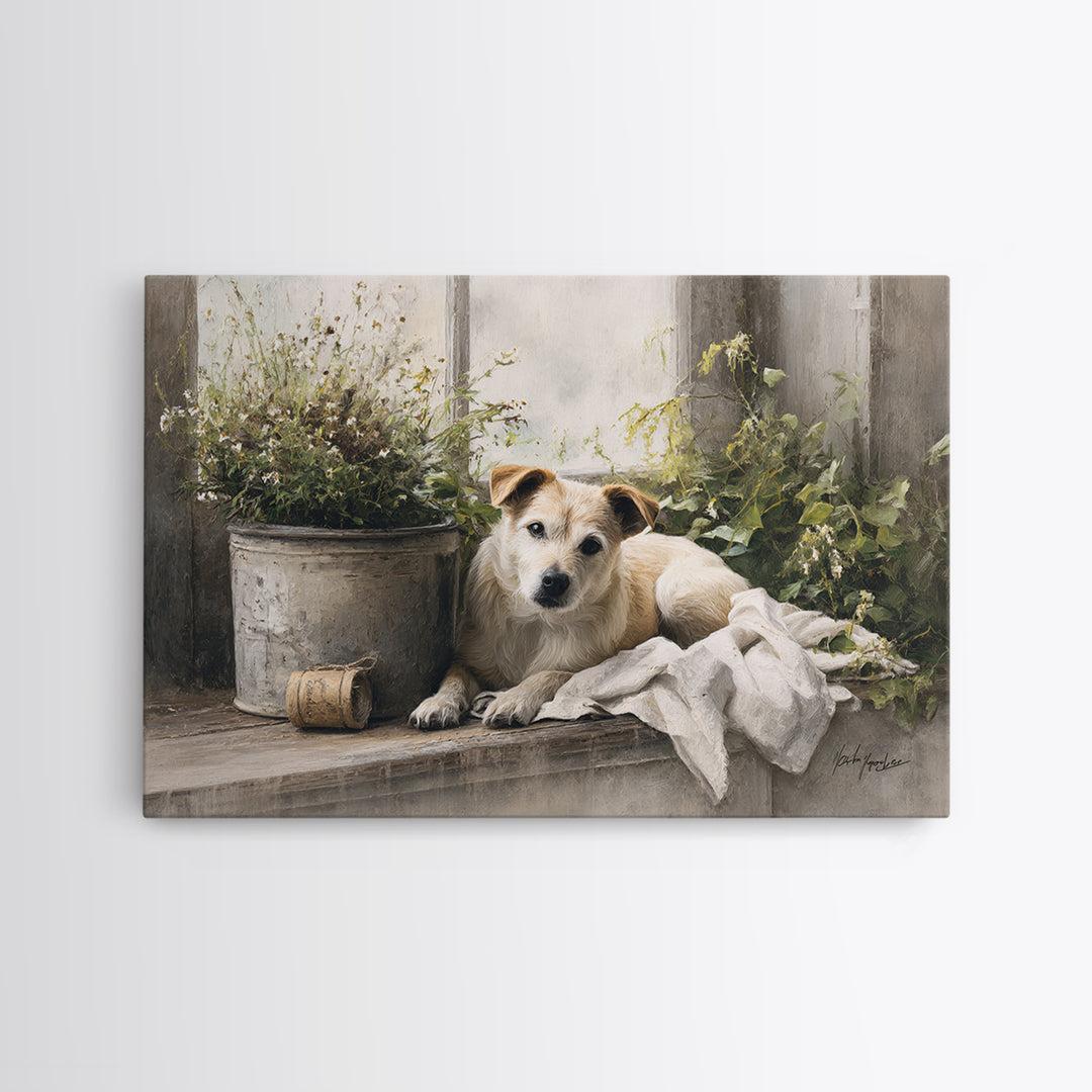 Dog Resting Beside a Porch Flower Pot Canvas Print, Country Art, Digital Wall Art, Farmhouse Decor, Fine Art, Country, COU-3x2-26