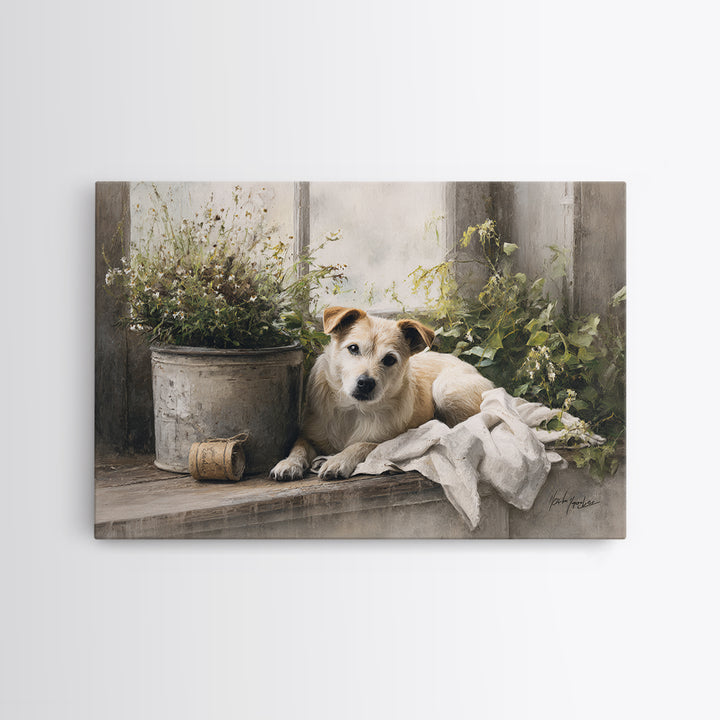 Dog Resting Beside a Porch Flower Pot Canvas Print, Country Art, Digital Wall Art, Farmhouse Decor, Fine Art, Country, COU-3x2-26