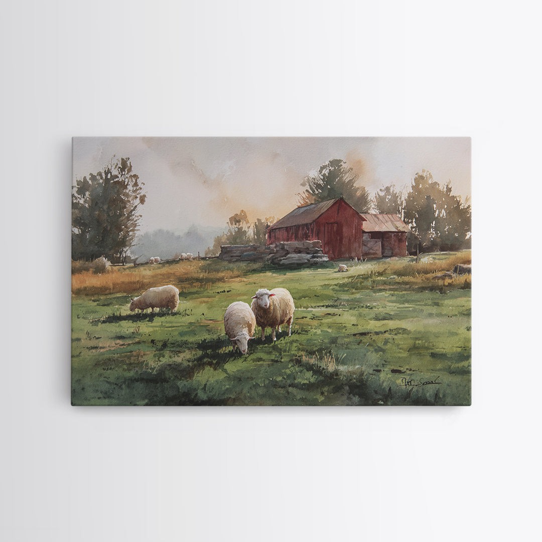 Watercolor Sheep in a Green Pasture Canvas Print, Country Art, Printable Art, Farmhouse Decor, Country, French Country, COU-3x2-3