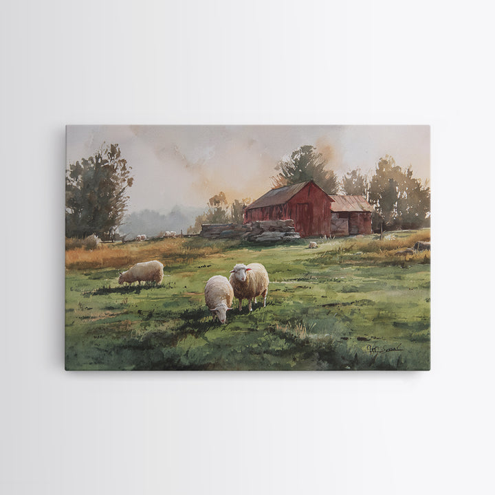 Watercolor Sheep in a Green Pasture Canvas Print, Country Art, Printable Art, Farmhouse Decor, Country, French Country, COU-3x2-3