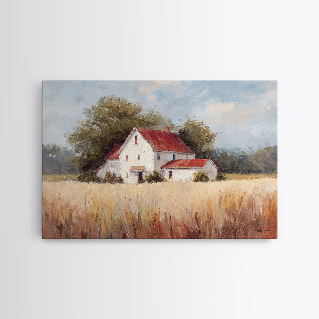 White Farmhouse Surrounded by Tall Grass Canvas Print, Country Art, Digital Print, Farmhouse Decor, Fine Art, Country, COU-3x2-38