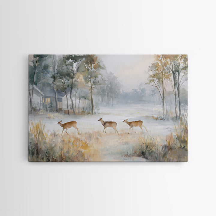 Deer Crossing a Misty Morning Field Framed Canvas Print, Country Art, Wall Decor, Farmhouse Decor, Fine Art, Country, COU-3x2-39