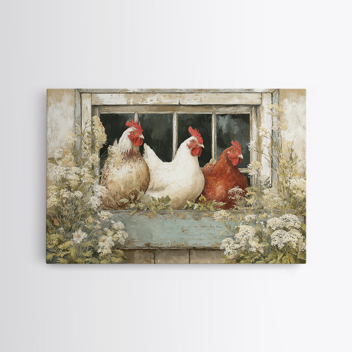 Chickens Pecking Near Garden Flowers Canvas Print, Country Art, Printable Art, Farmhouse Decor, Watercolor Art, Country, COU-3x2-42