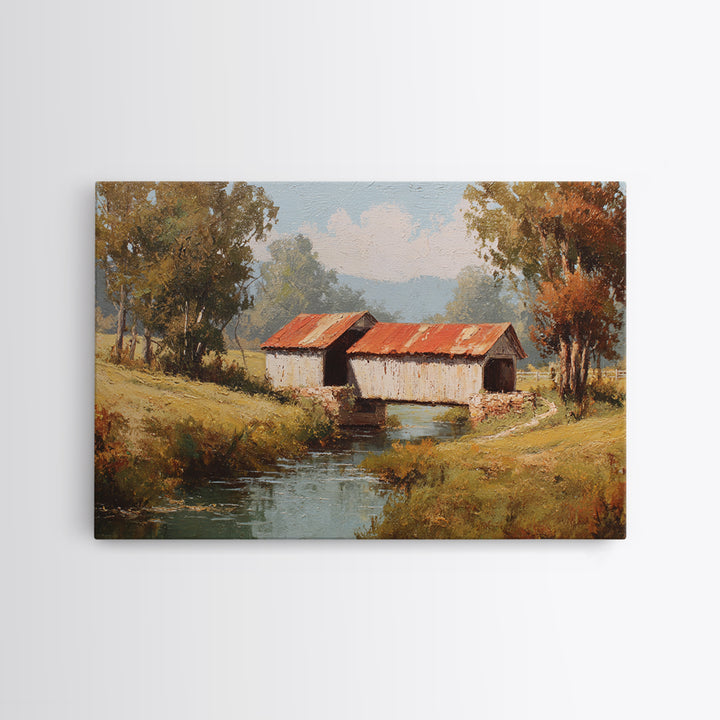 Covered Bridge over a Quiet Creek Canvas Print, Country Art, Landscape Wall Art, Farmhouse Decor, Abstract Art, Country, COU-3x2-43