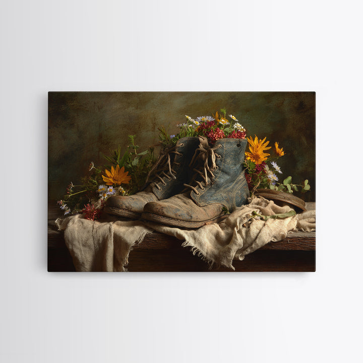 Weathered Boots with Wildflowers Tucked Inside Canvas Print, Country Art, Farmhouse Wall Decor, Farmhouse Decor, Country, COU-3x2-44