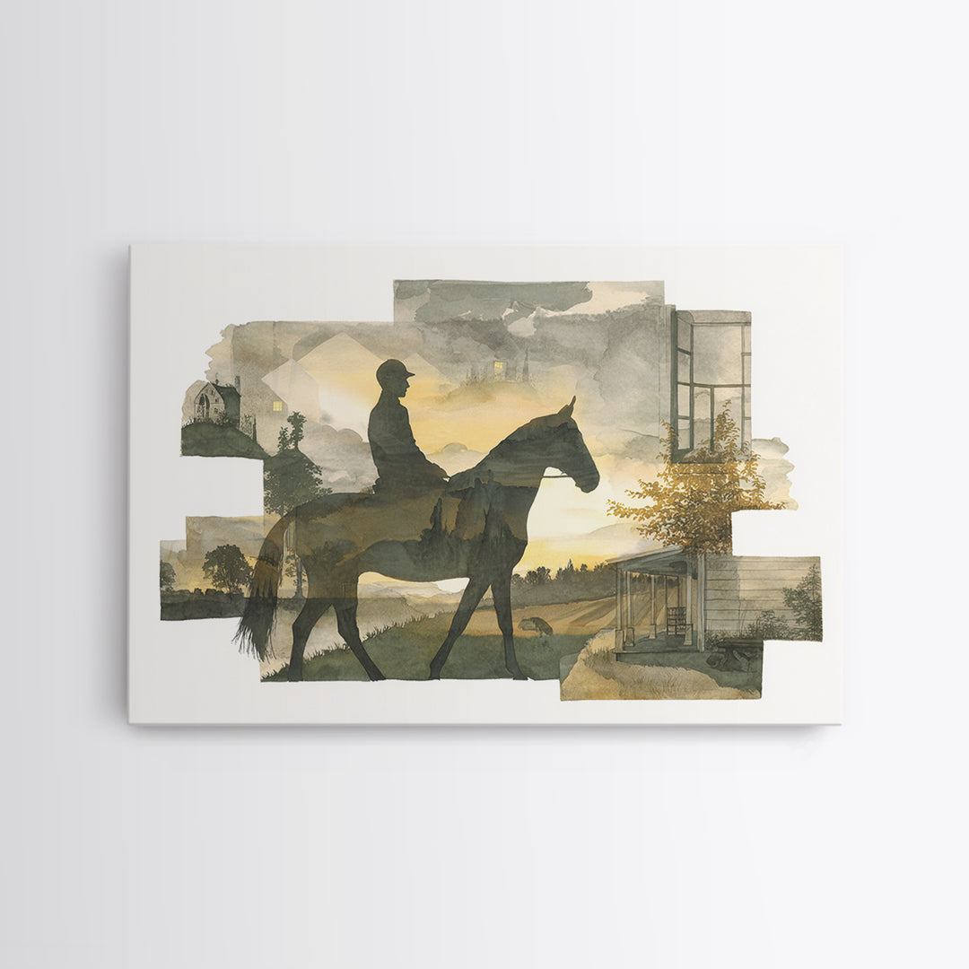 Horse and Rider Silhouette at Dusk Framed Canvas Print, Country Art, Landscape Painting, Farmhouse Decor, Fine Art, Country, COU-3x2-45