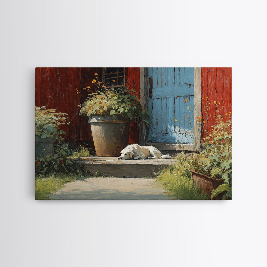 Dog Resting Beside a Porch Flower Pot Framed Canvas Print, Country Art, Farmhouse Decor, Fine Art, Country, Gallery Wall Art, COU-3x2-50