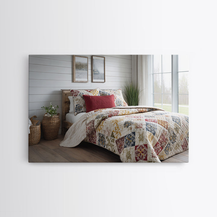 Quilt Geometric Folk Pattern Framed Canvas Print, Country Art, Gallery Decor, Farmhouse Decor, Fine Art, Country, COU-3x2-64