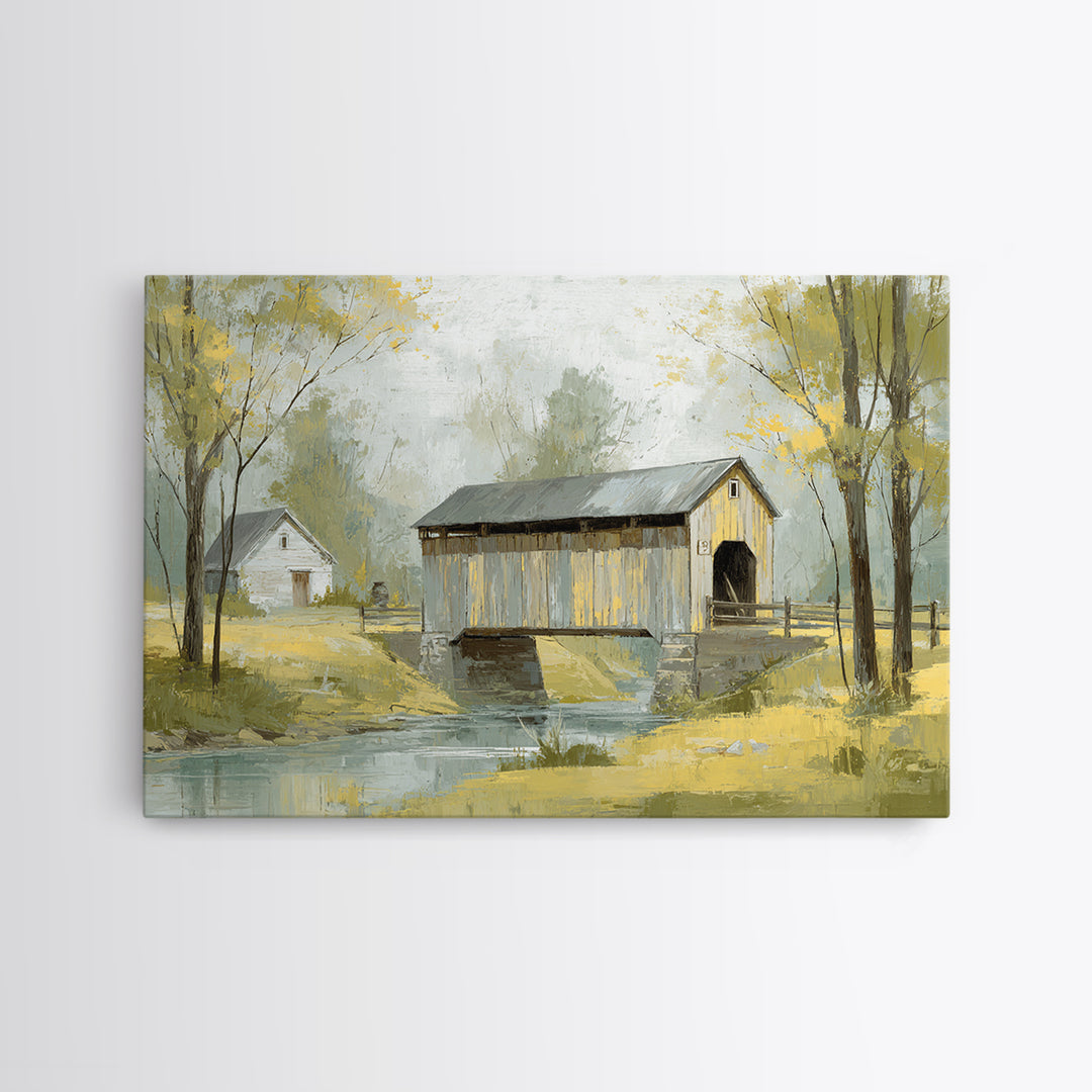 Covered Bridge over a Quiet Creek Canvas Print, Country Art, Textured Painting, Farmhouse Decor, Watercolor Art, Country, COU-3x2-67