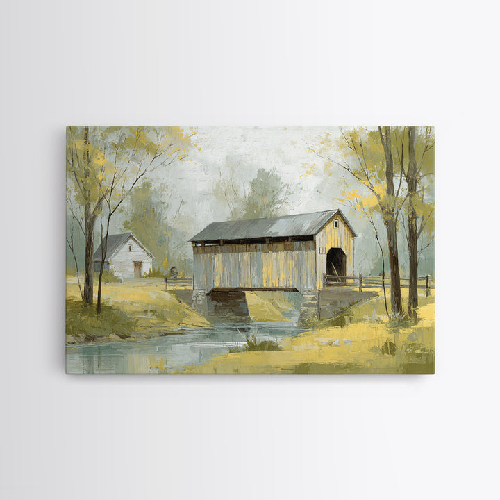Covered Bridge over a Quiet Creek Canvas Print, Country Art, Textured Painting, Farmhouse Decor, Watercolor Art, Country, COU-3x2-67