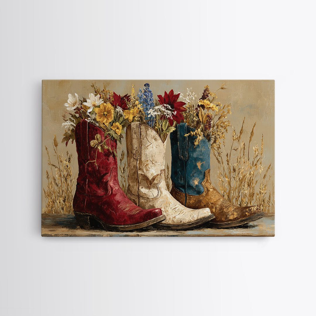 Weathered Boots with Wildflowers Tucked Inside Canvas Print, Country Art, Wall Decor, Farmhouse Decor, Oil Painting, Country, COU-3x2-68