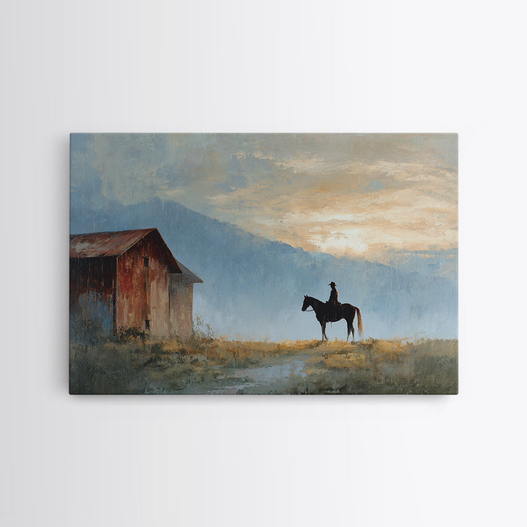 Horse and Rider Silhouette at Dusk Framed Canvas Print, Country Art, Landscape Painting, Farmhouse Decor, Fine Art, Country, COU-3x2-69