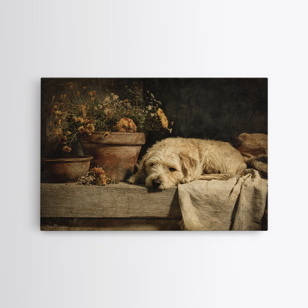 Dog Resting Beside a Porch Flower Pot Framed Canvas Print, Country Art, Farmhouse Decor, Fine Art, Country, Gallery Wall Art, COU-3x2-74