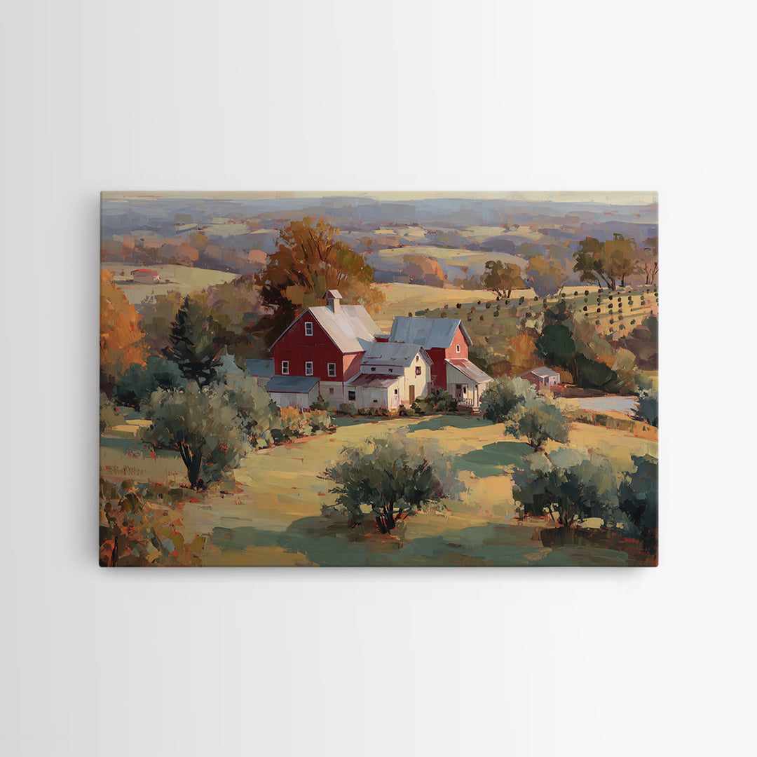Apple Orchard with Warm Autumn Light Framed Canvas Print, Country Art, Landscape Painting, Farmhouse Decor, Oil Painting, COU-3x2-82