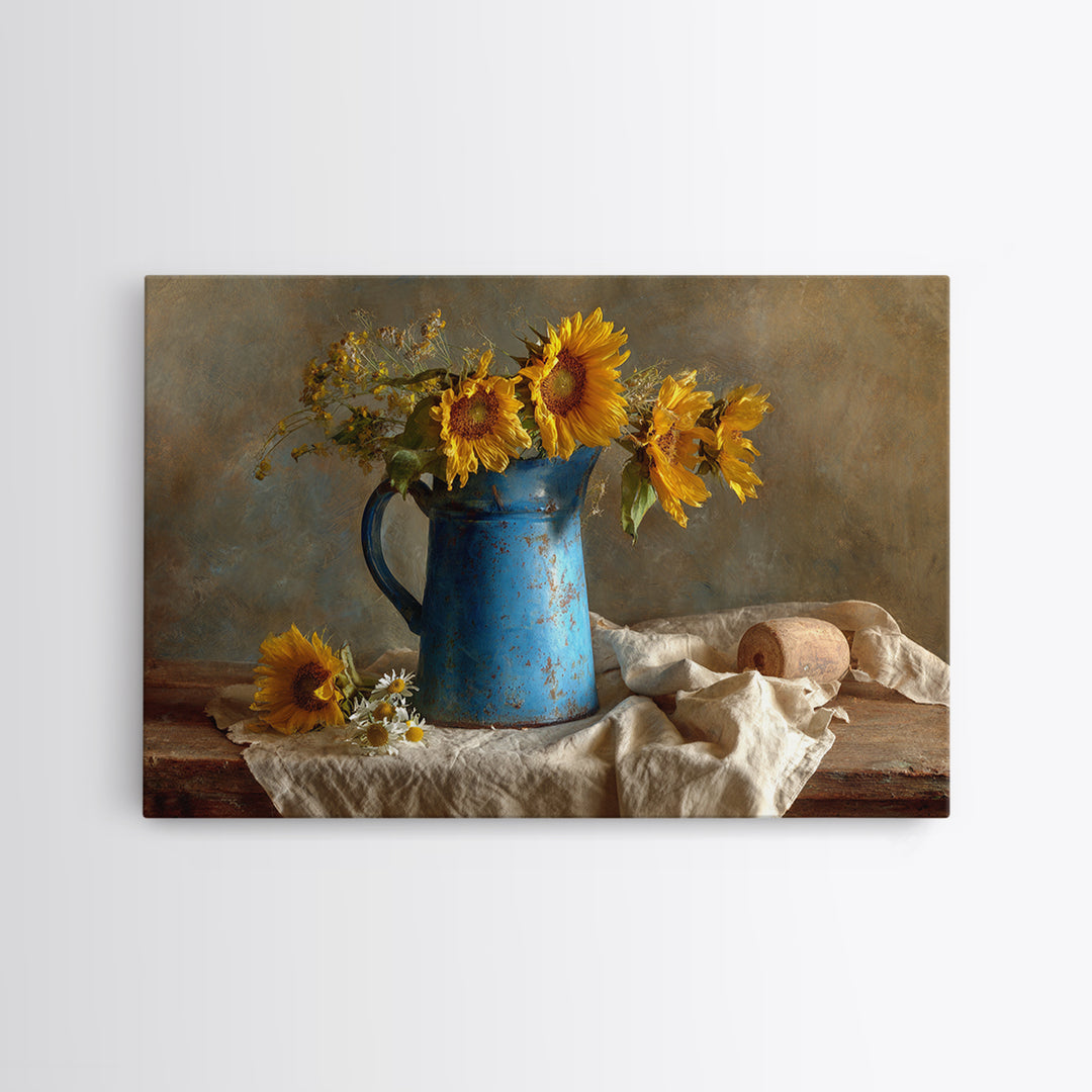 Sunflowers in a Blue Enamel Pitcher Canvas Print, Country Art, Statement Artwork, Farmhouse Decor, Fine Art, Country, COU-3x2-84