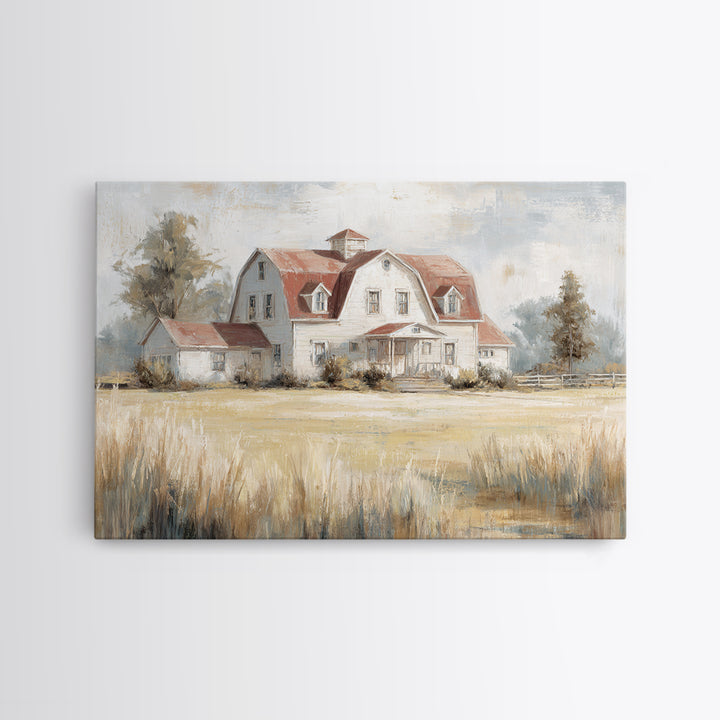 White Farmhouse Surrounded by Tall Grass Framed Canvas Print, Country Art, Watercolor Painting, Farmhouse Decor, Country, COU-3x2-86