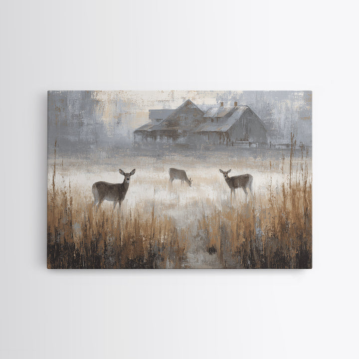 Deer Crossing a Misty Morning Field Framed Canvas Print, Country Art, Modern Decor, Farmhouse Decor, Fine Art, Country, COU-3x2-87