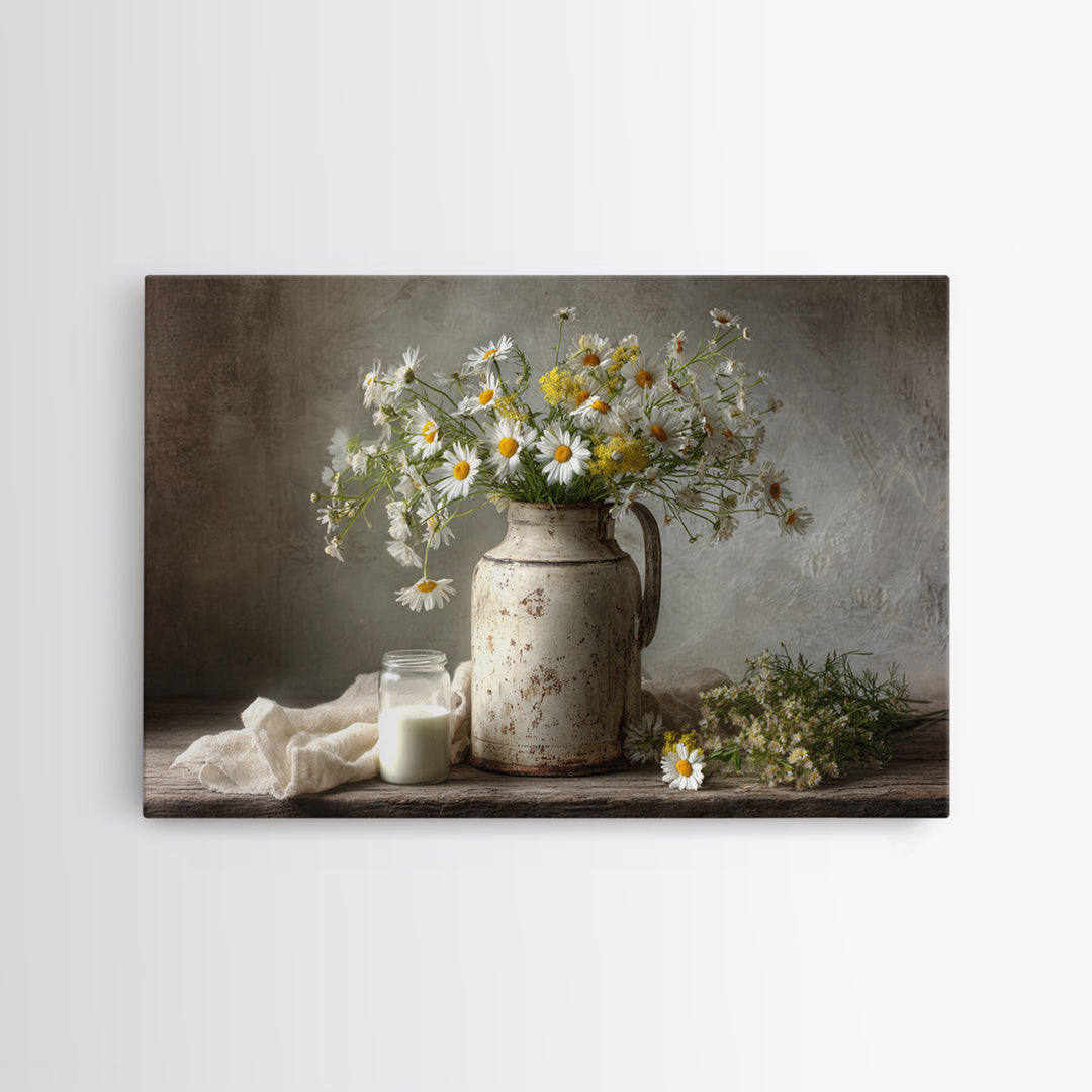 Milk Can and Daisies Rustic Still Life Canvas Print, Country Art, Gallery Wall Art, Farmhouse Decor, Oil Painting, Country, COU-3x2-89