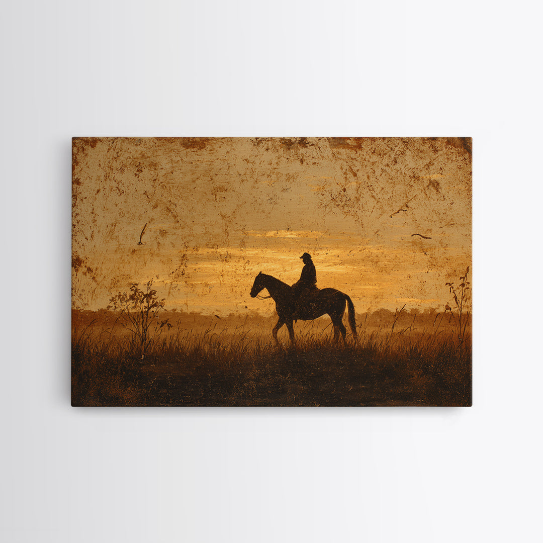 Horse and Rider Silhouette at Dusk Canvas Print, Country Art, Landscape Wall Art, Farmhouse Decor, Fine Art, Country, COU-3x2-93