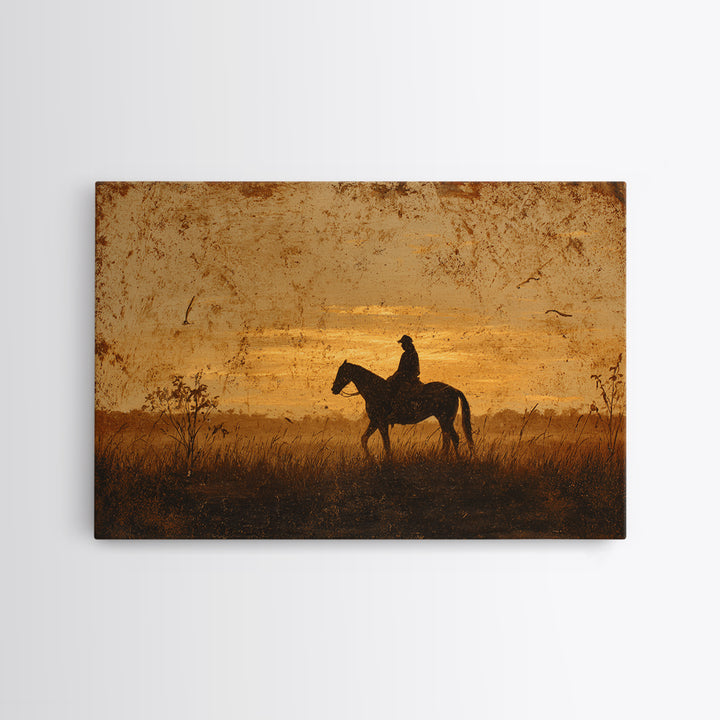 Horse and Rider Silhouette at Dusk Canvas Print, Country Art, Landscape Wall Art, Farmhouse Decor, Fine Art, Country, COU-3x2-93