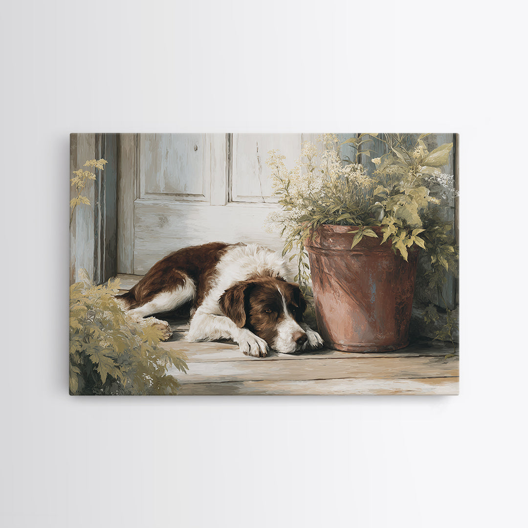 Dog Resting Beside a Porch Flower Pot Canvas Print, Country Art, Digital Art Prints, Farmhouse Decor, Oil Painting, Country, COU-3x2-98