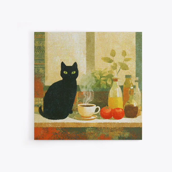 Black Cat Beside a Steaming Cup Canvas Print, Coffee Shop Art, Moody Wall Art, Cafe Decor, Fine Art, Cafe, Luxury Decor, CSA-1x1-14