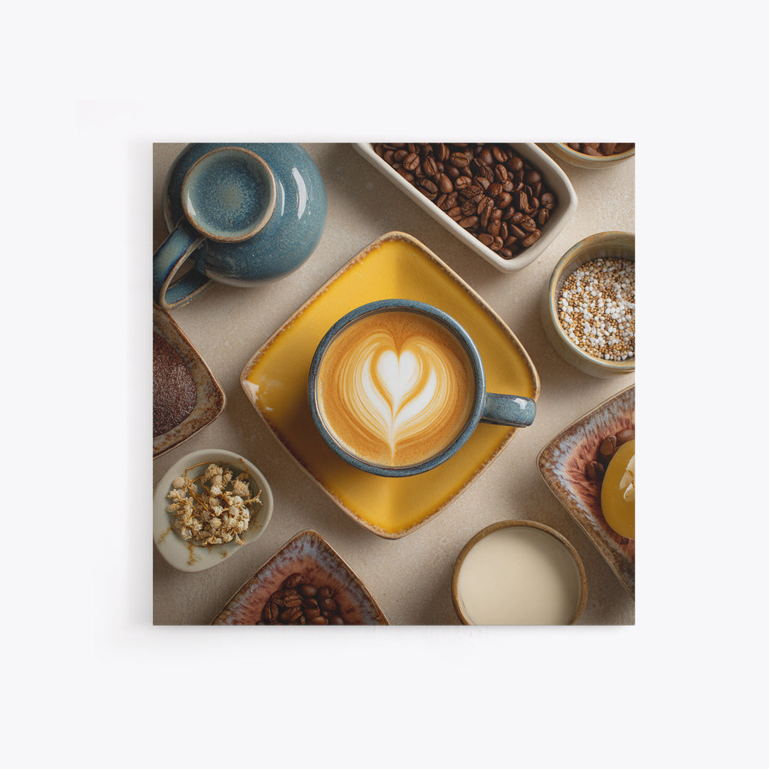 Latte Art Heart Seen from Above Framed Canvas Print, Coffee Shop Art, Digital Wall Art, Cafe Decor, Oil Painting, Cafe, CSA-1x1-28