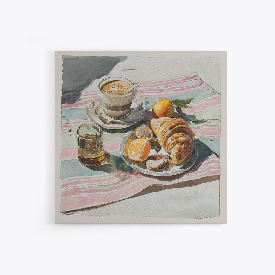 Croissant and Cappuccino on Striped Cloth Framed Canvas Print, Coffee Shop Art, Textured Painting, Cafe Decor, Fine Art, Cafe, CSA-1x1-29