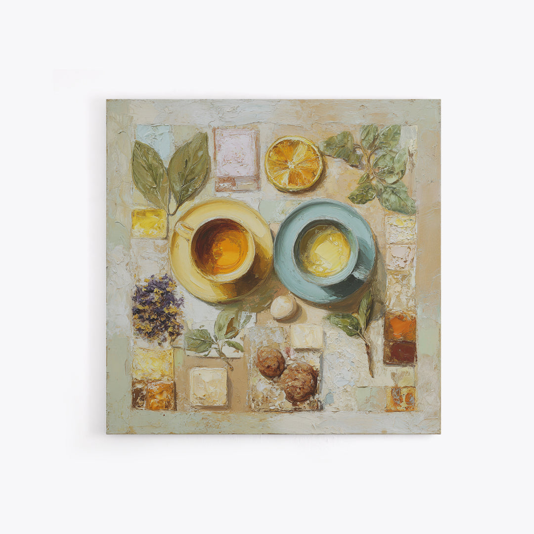 Two Cups Facing Each Other Framed Canvas Print, Coffee Shop Art, Boho Decor, Cafe Decor, Oil Painting, Cafe, Printable, CSA-1x1-37