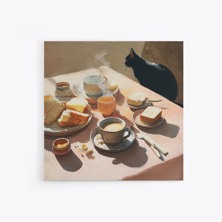 Black Cat Beside a Steaming Cup Framed Canvas Print, Coffee Shop Art, Gallery Decor, Cafe Decor, Fine Art, Cafe, Wall Art, CSA-1x1-38