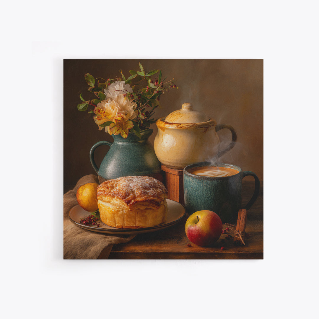 Sunlit Pastry and Coffee Arrangement Framed Canvas Print, Coffee Shop Art, Kitchen Wall Decor, Cafe Decor, Oil Painting, Cafe, CSA-1x1-43