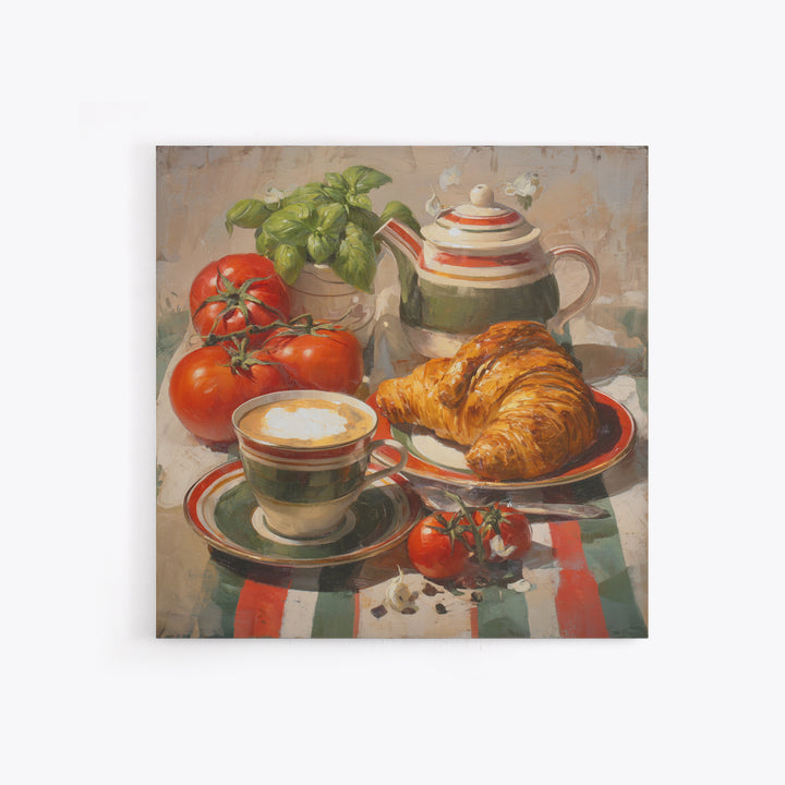 Croissant and Cappuccino on Striped Cloth Canvas Print, Coffee Shop Art, Fine Art Print, Cafe Decor, Fine Art, Cafe, Printable, CSA-1x1-5