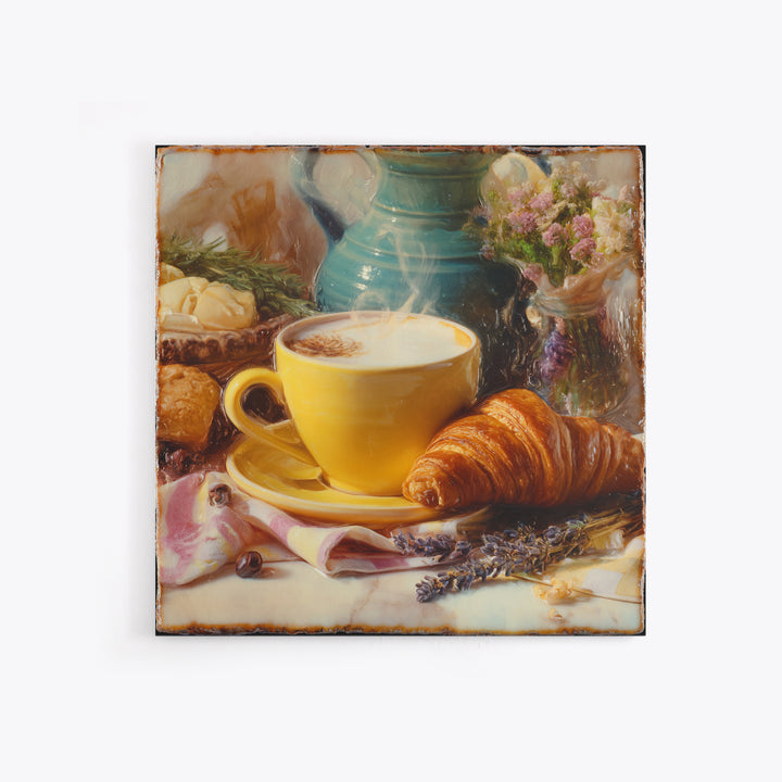Croissant and Cappuccino on Striped Cloth Framed Canvas Print, Coffee Shop Art, Textured Painting, Cafe Decor, Fine Art, Cafe, CSA-1x1-53